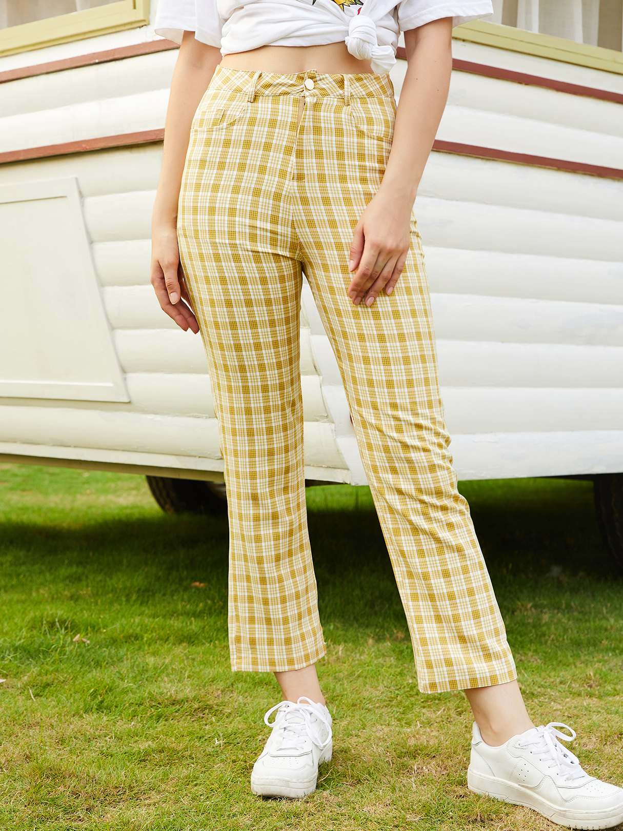 YOINS Plaid Side Pocket High Waist Pants