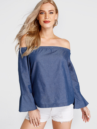 Dark Blue Off The Shoulder Long Sleeves Blouse