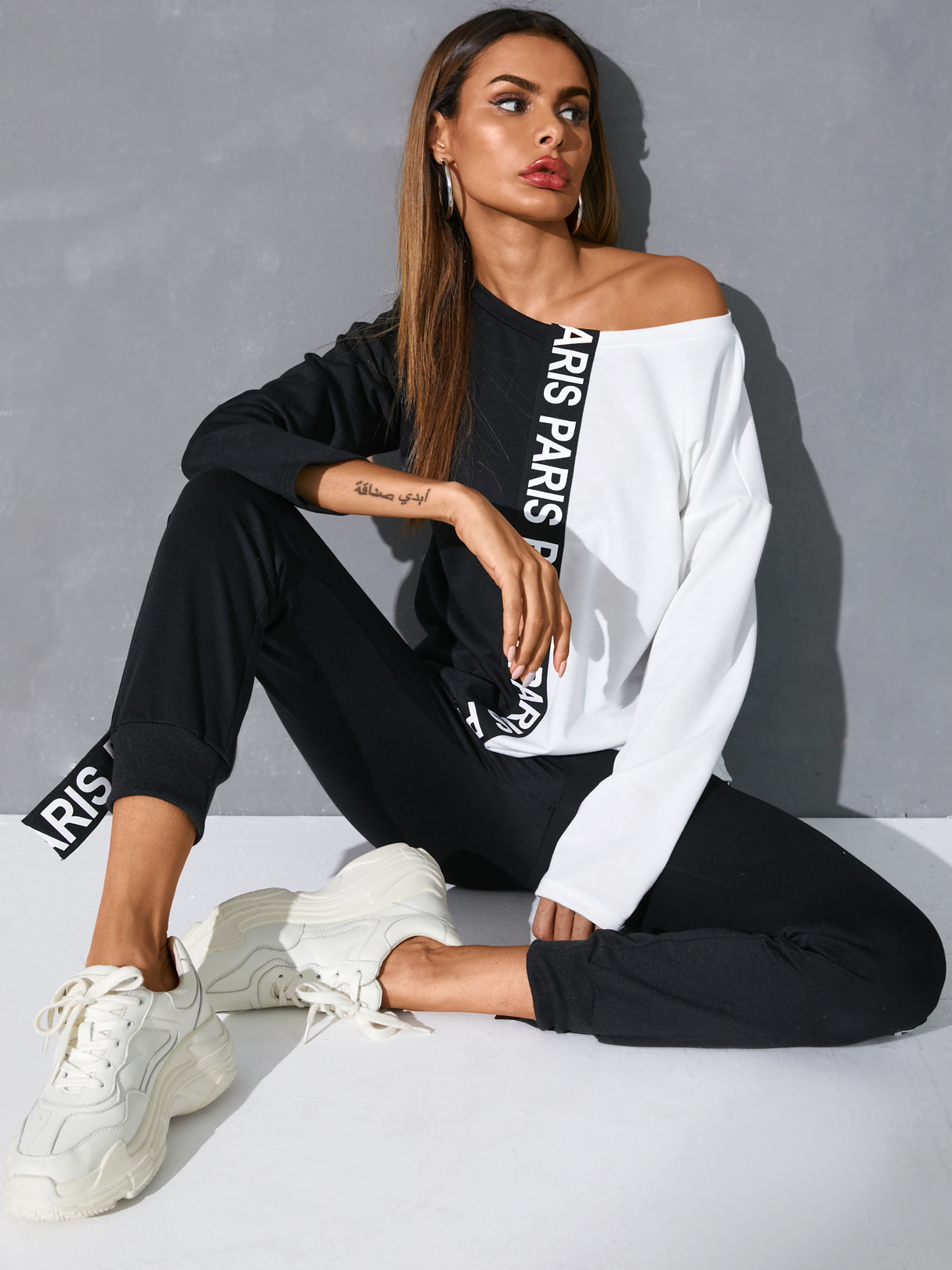 YOINS Black Round neck Patchwork Side Pockets Tracksuit