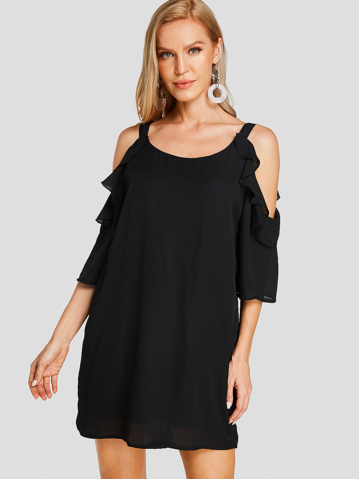 YOINS Black Ruffle Trim Plain Cold Shoulder Round Neck Loose Waist Dress