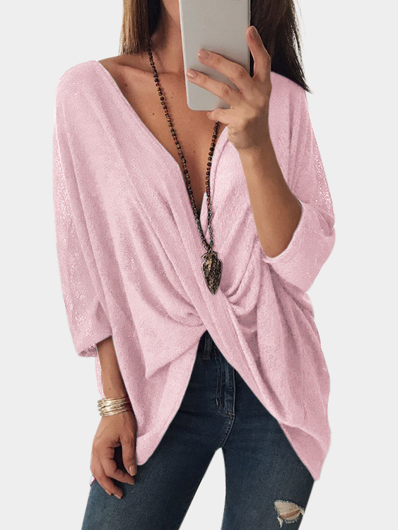 Pink Crossed Front Design V-neck Bat Sleeves Blouses