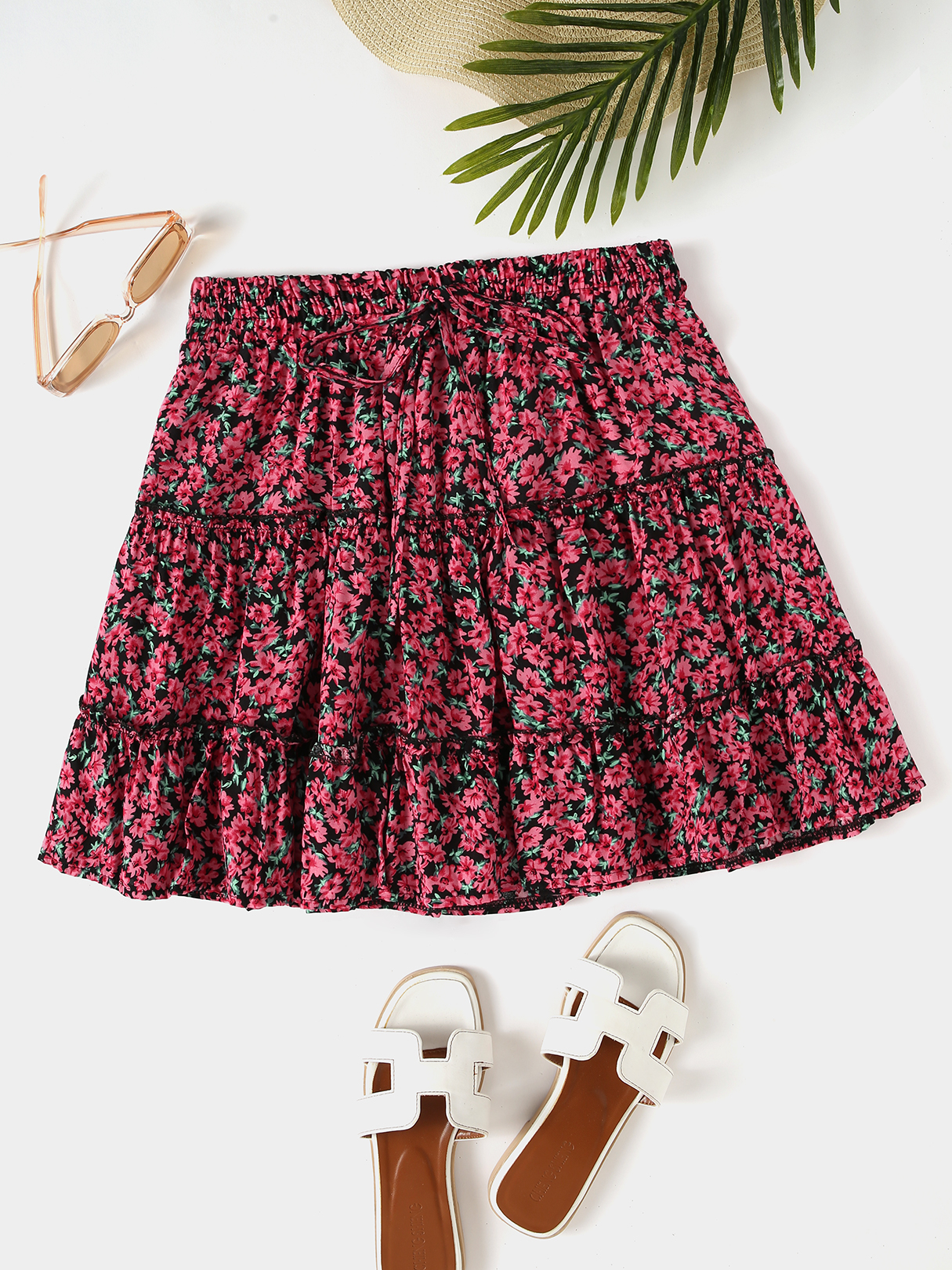 Calico High Waist Ruffle Hem Chiffon Mini Skirt