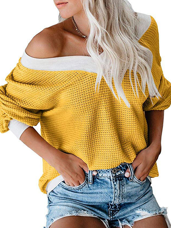 Yellow Color Blocking One Shoulder Long Sleeves Knit Top