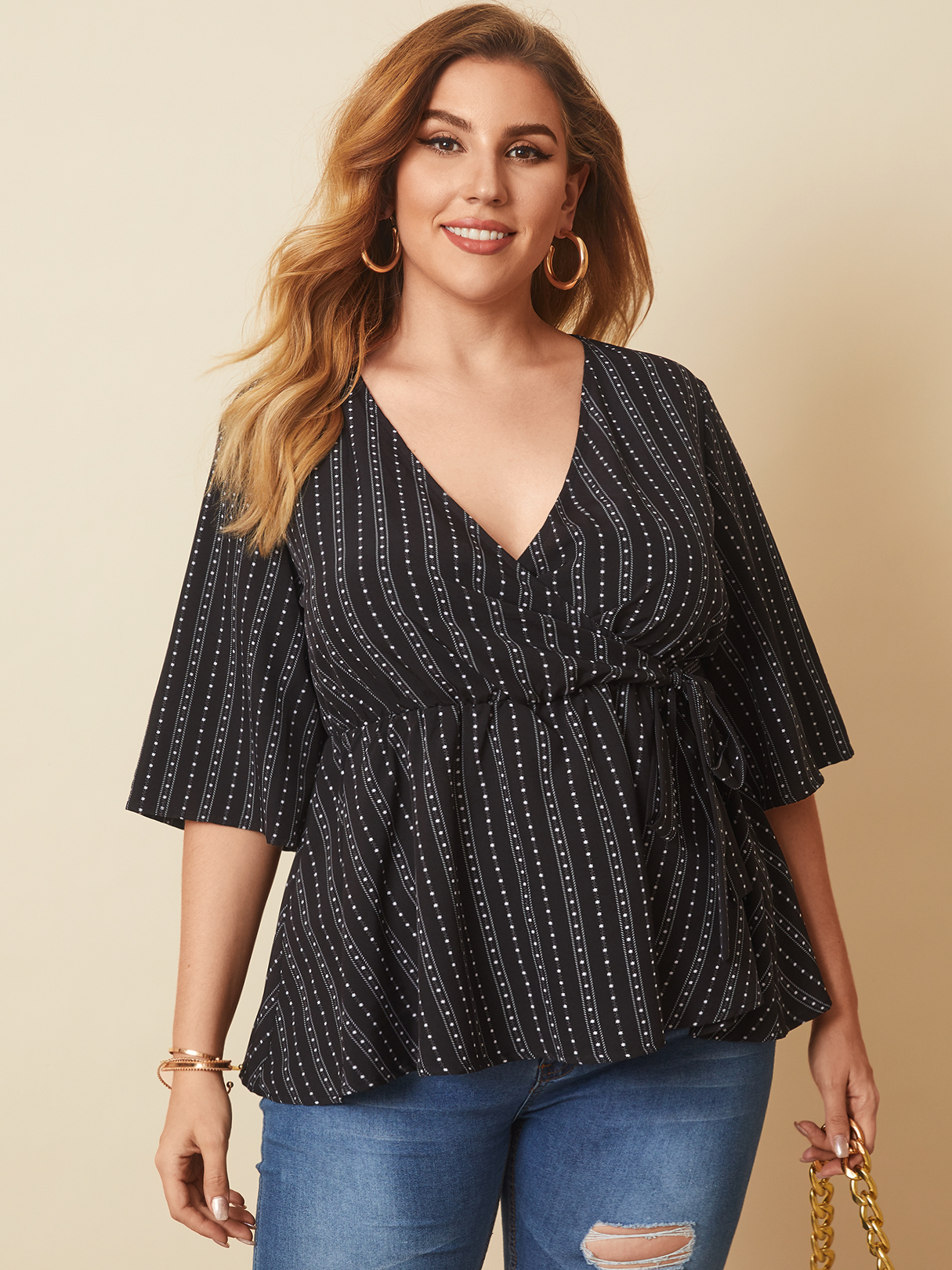 YOINS PLus Size V-neck Striped Wrap Design Half Sleeves Blouse