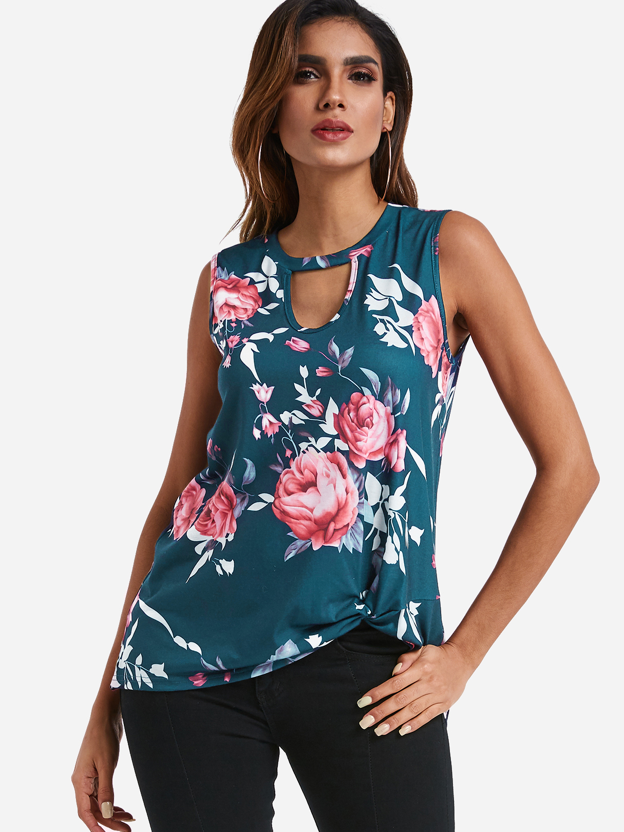 Blue Cut Out Random Floral Print Crew Neck Knot Details Tank Top