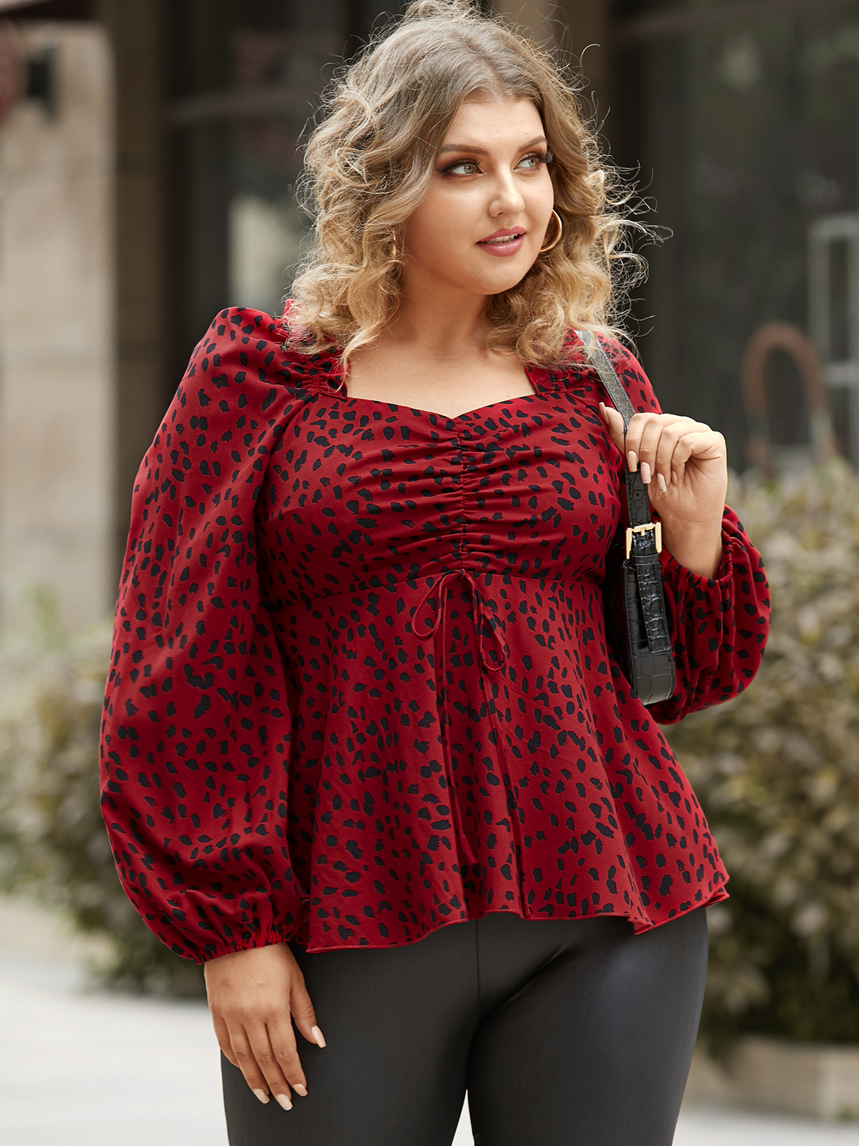 YOINS Plus Size Square Neck Polka Dot Backless Design Long Sleeves Blouse