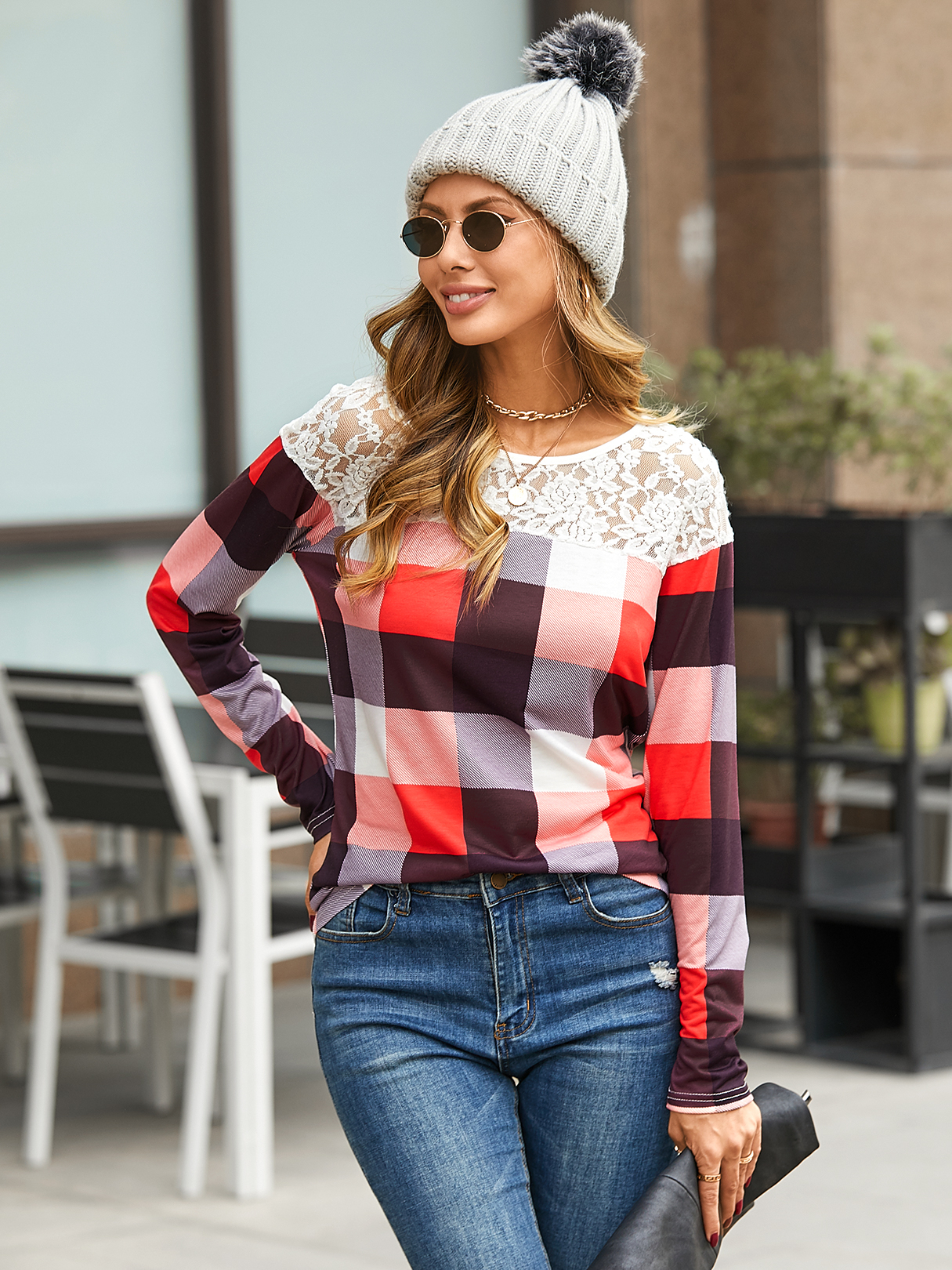 YOINS Red Plaid Lace Patchwork Round Neck Long Sleeves Tee