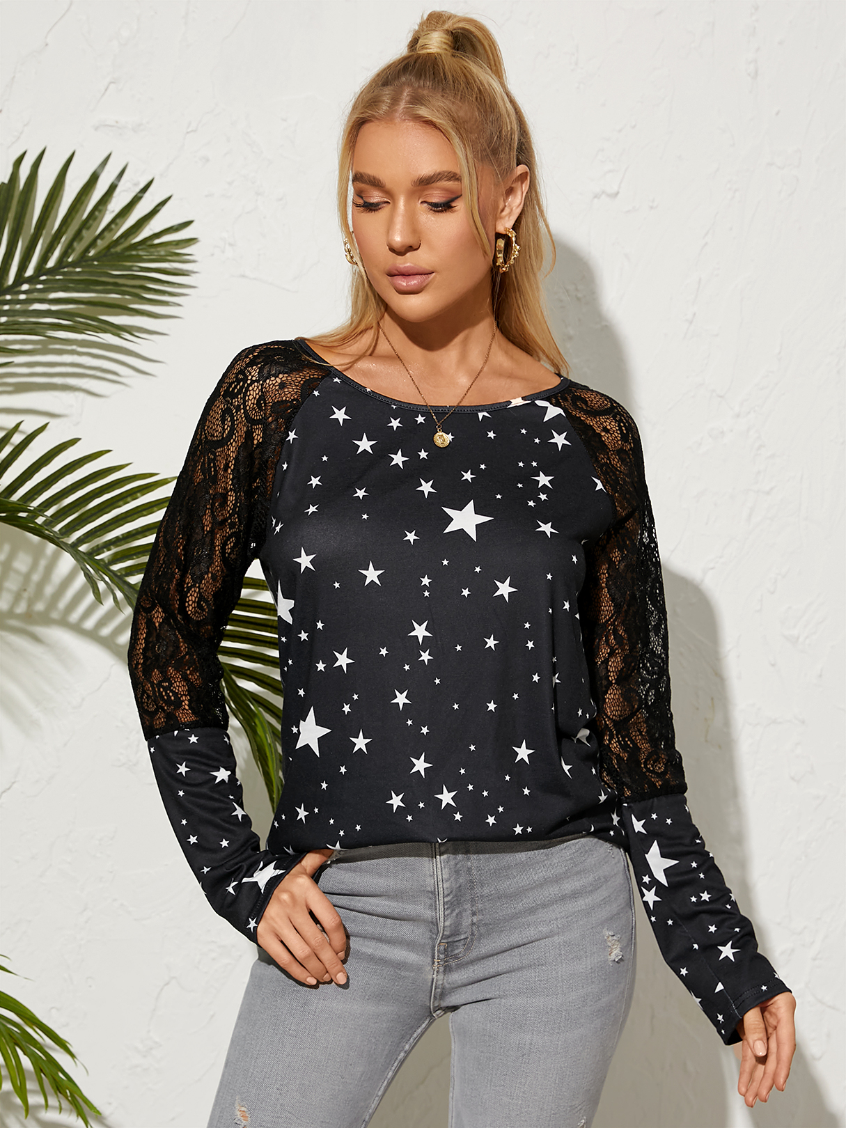 YOINS Star Print Lace Patchwork Round Neck Tee