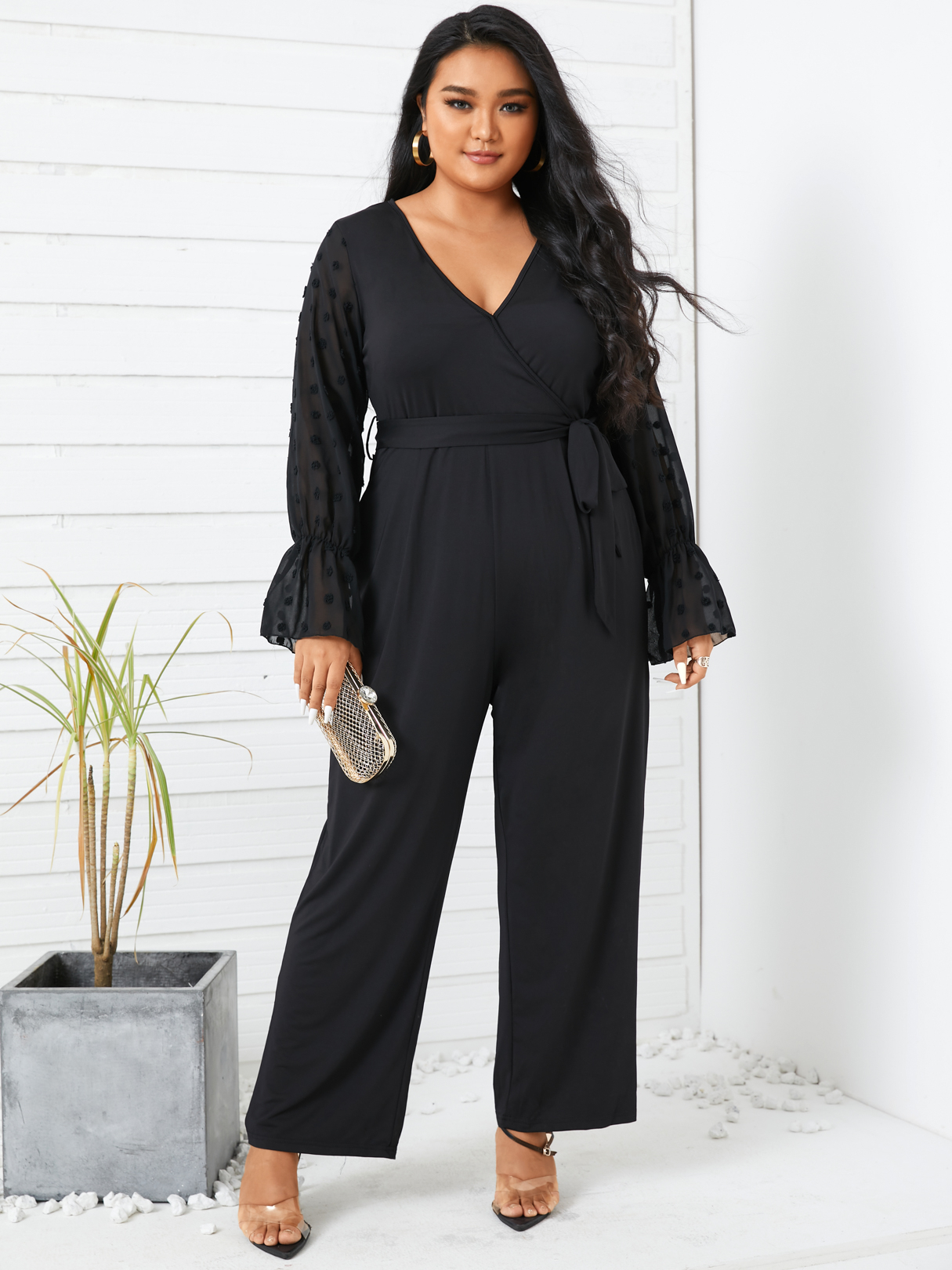 YOINS Plus Size V-neck Wrap Design Belt Design Long Sleeves Jumpsuit