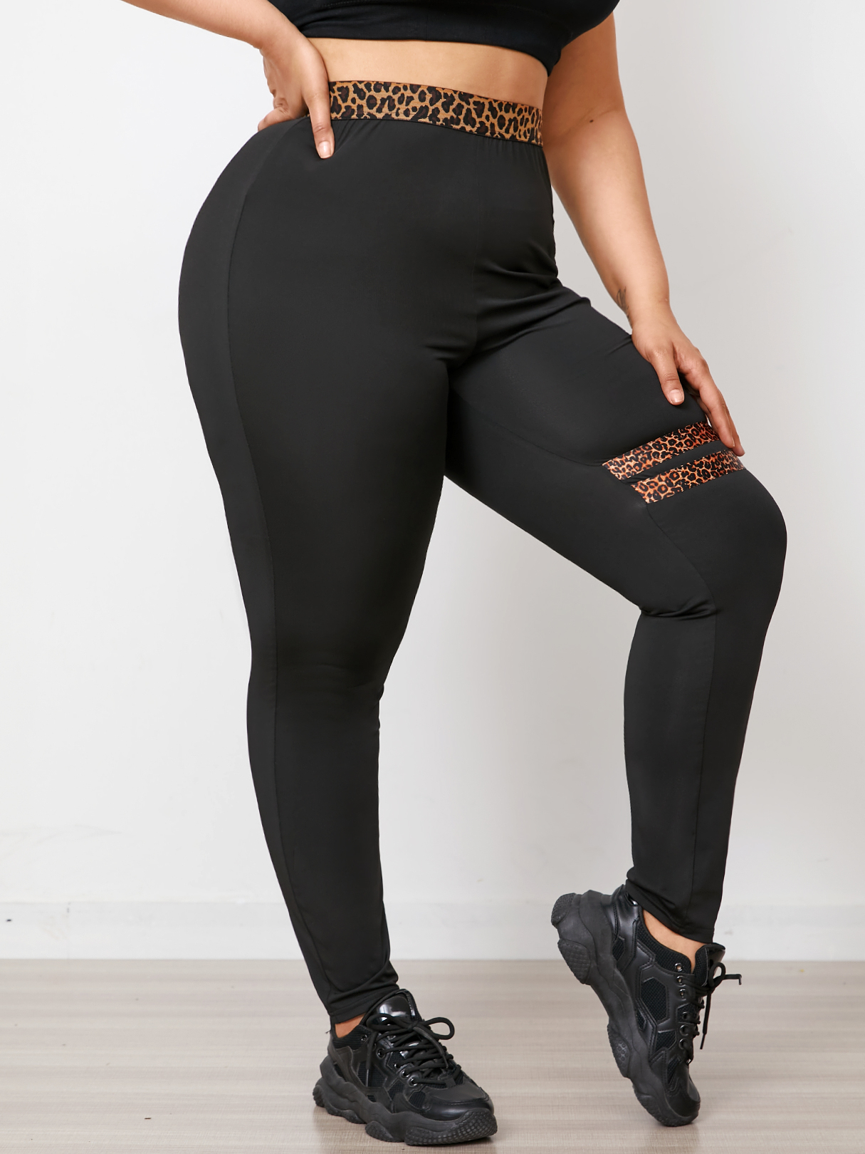 YOINS Plus Size Black Leopard Patchwork Leggings