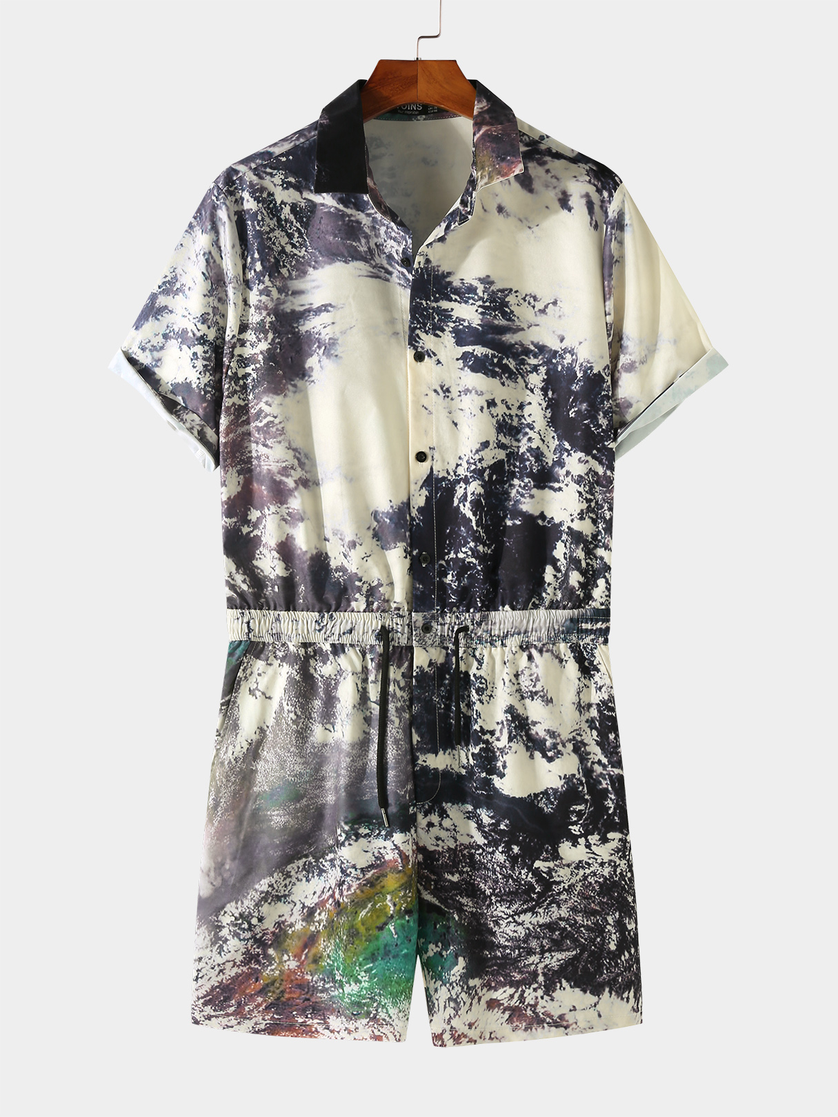 Men Graphic All Over Print Button Design Short Sleeves Rompers Overalls Jumpsuit
