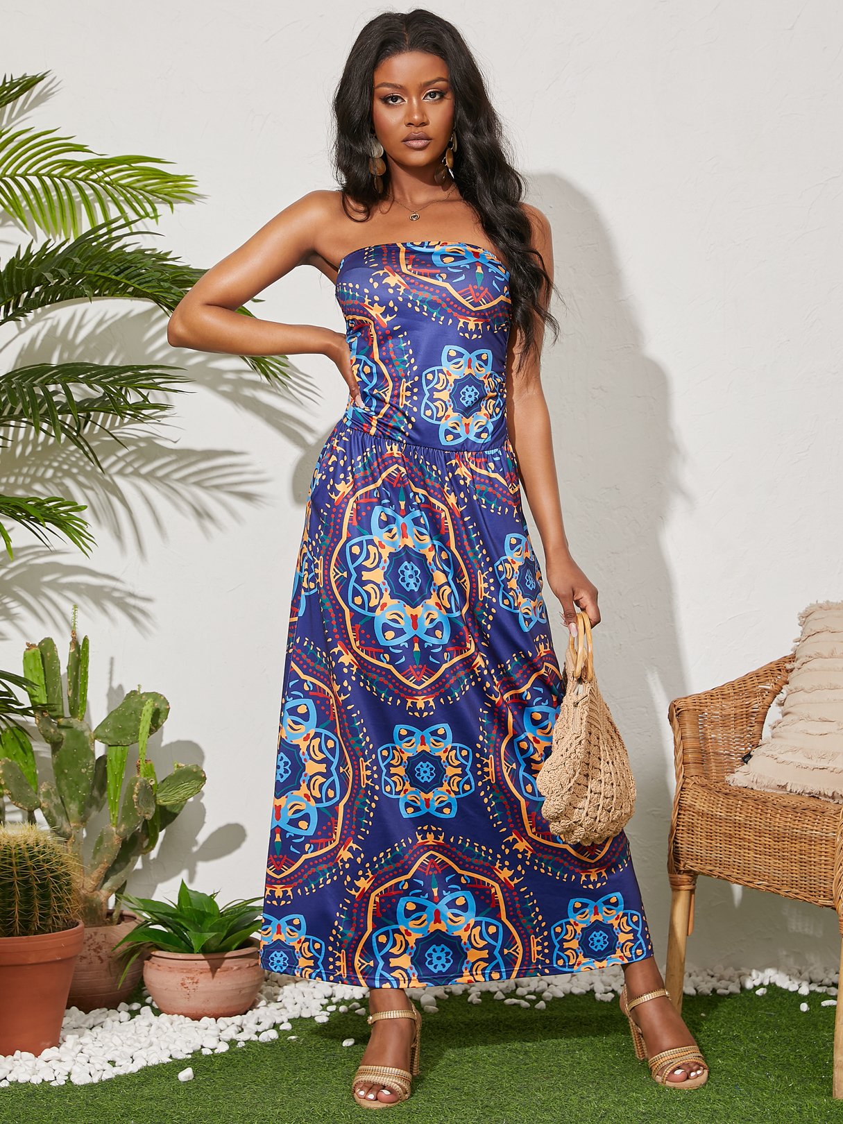 YOINS Navy Tube Top Graphic Side Pocket Maxi Dress