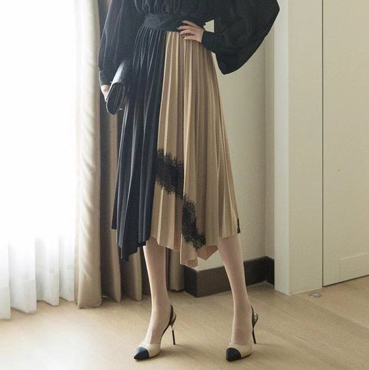 Chi Chi - Lace Trim Pleated Asymmetric-Hem Midi Skirt - Black/One Size