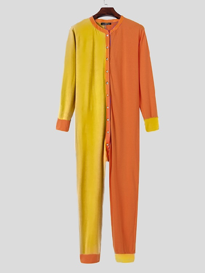 INCERUN Men Color Patchwork Button Up Jumpsuit Home Lounge One-Piece Pajamas
