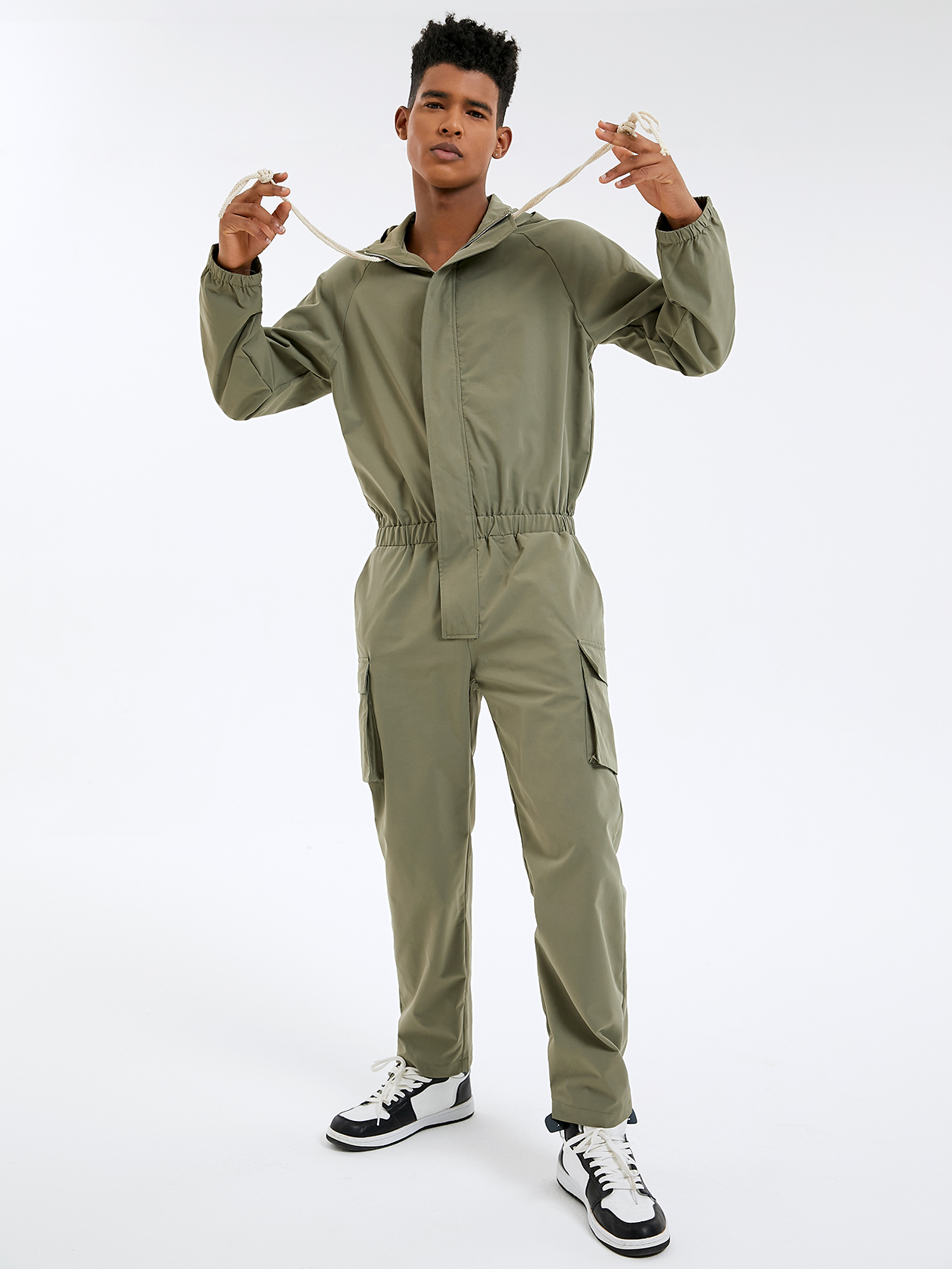 Men Fashion Plain Zip Front Hooded Overalls Jumpsuit