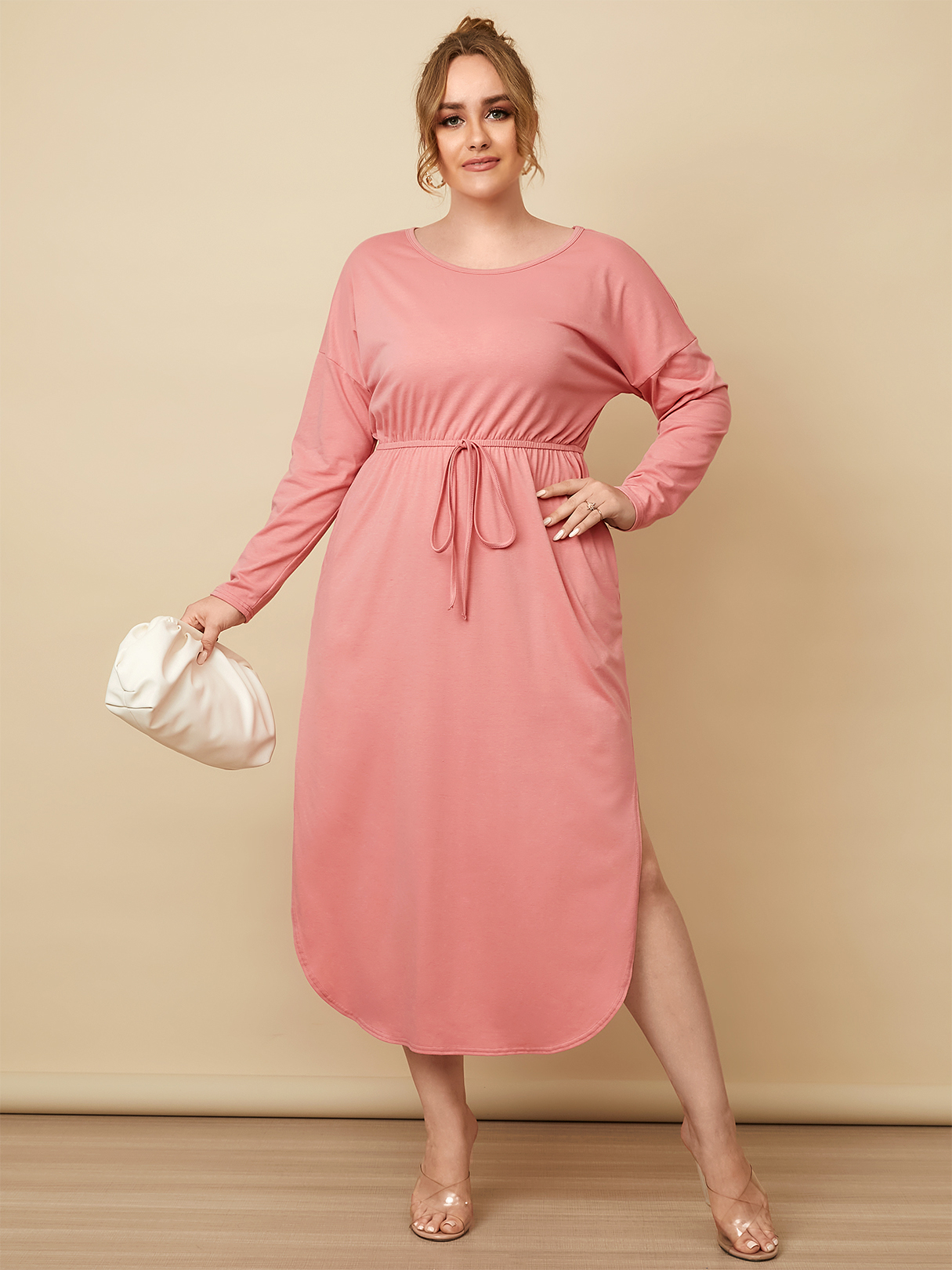 YOINS Plus Size Round Neck Drawstring Long Sleeves Dress