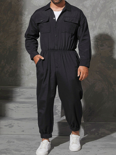 INCERUN Men Solid Color Chest Pocket Drawstring Rompers
