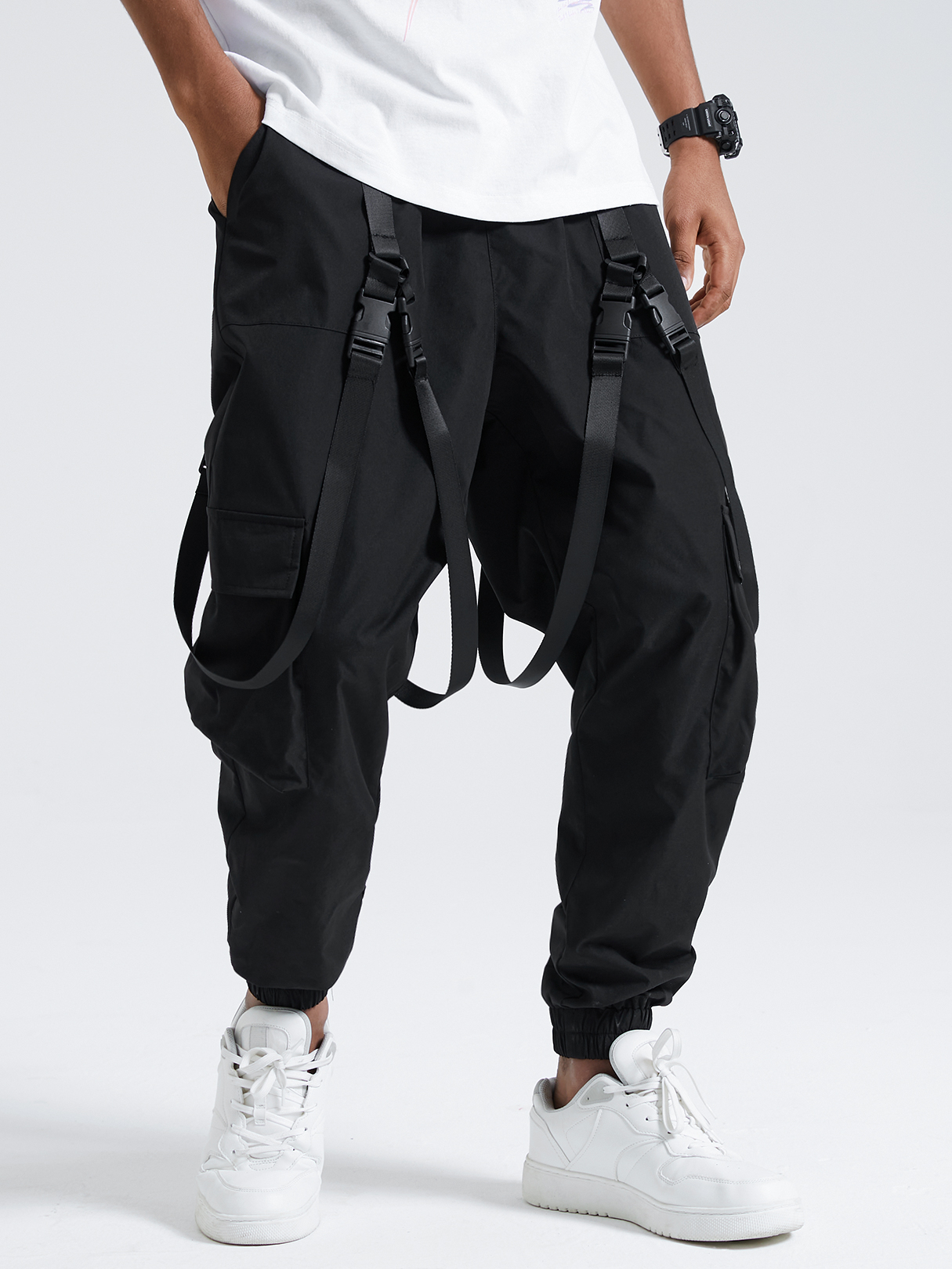 Men Plain Ribbon Buckle Drawstring Casual Cargo Pants