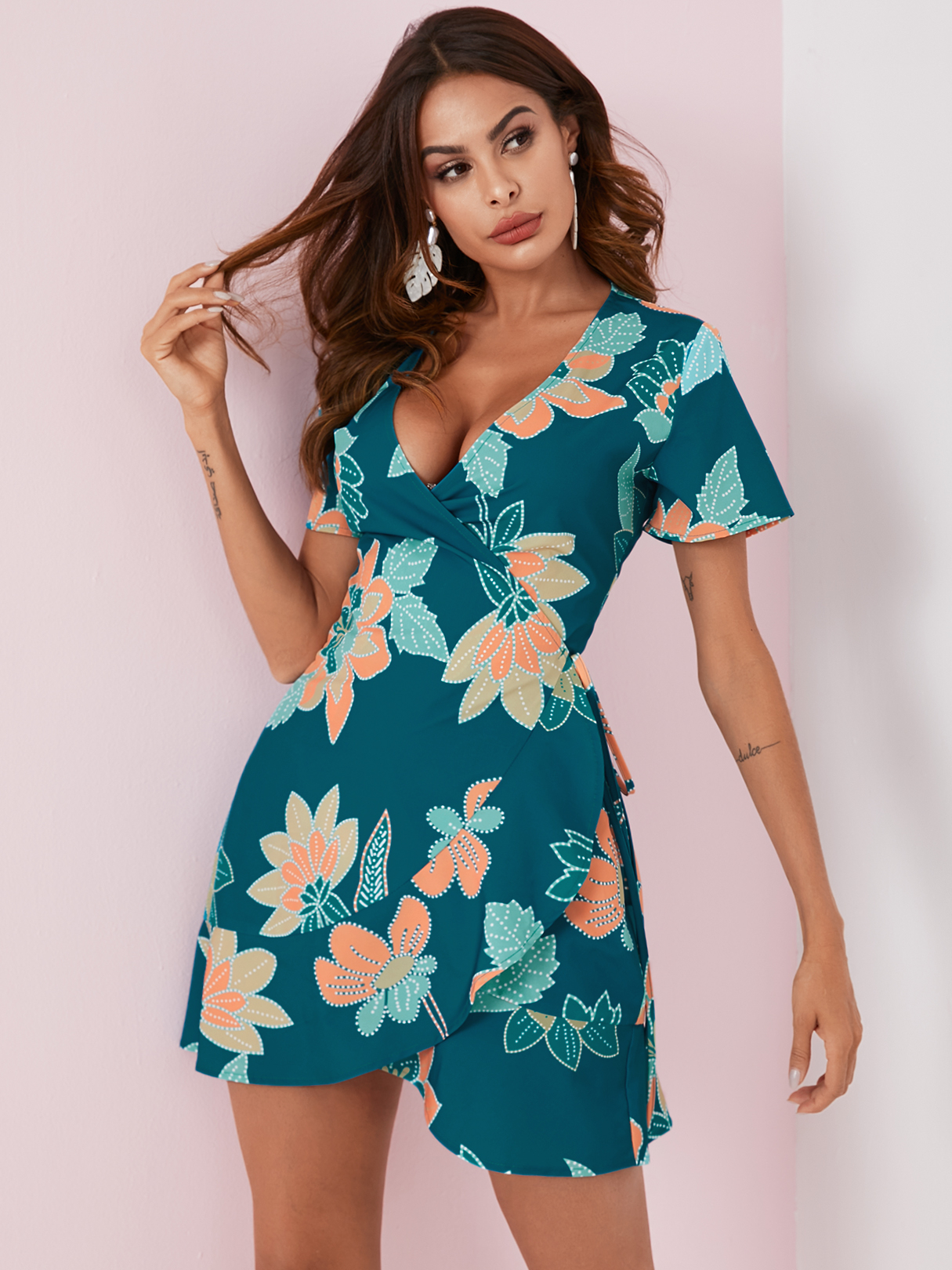 YOINS Blue Wrap Random Floral Print Tie-up V-neck Short Sleeves Dress