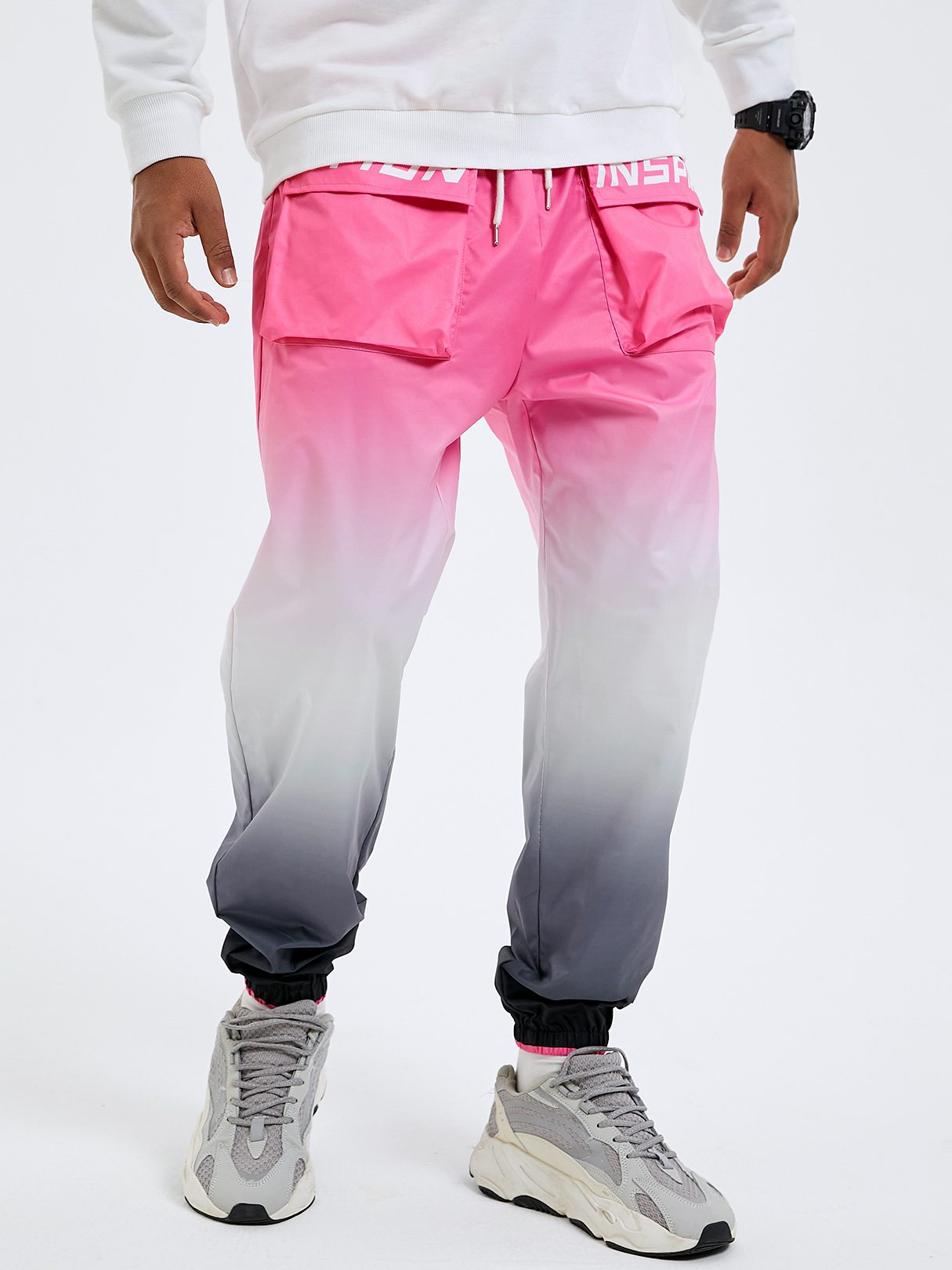 Men Fashion Pink Gradual Color Drawstring Cargo Pants
