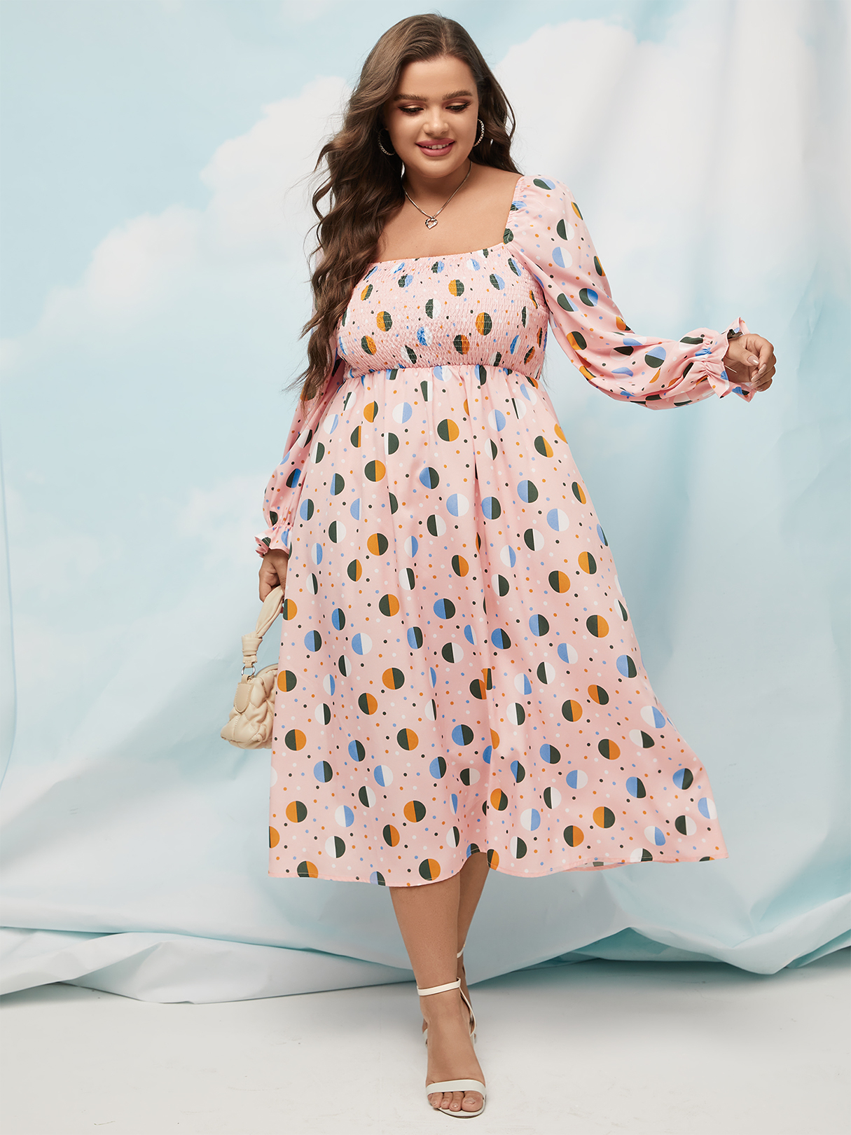 YOINS Plus Size Square Neck Polka Dot Shirring Backless Design Long Sleeves Dress