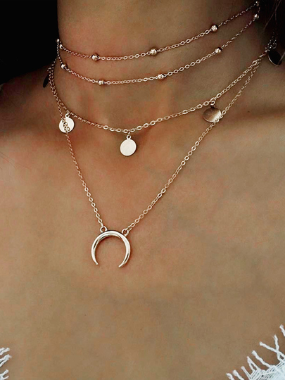 Gold Choker Round Moon Pendant Multi-layer Cavicle Necklace