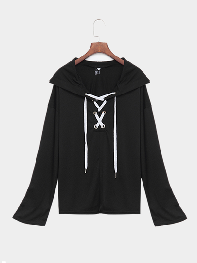 YOINS BASICS Black Long Sleeves Lace-up Design Hoodie