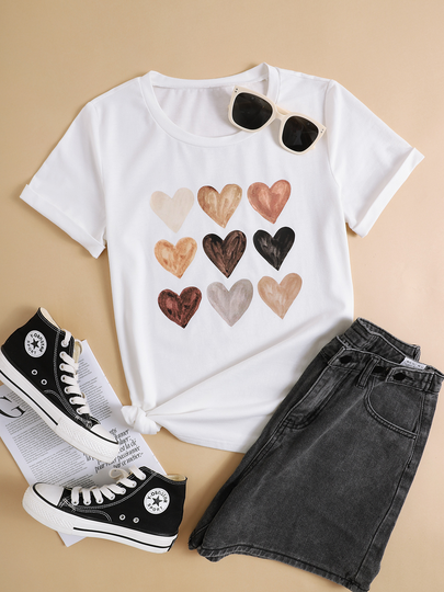 YOINS Heart Print Crew Neck Letter Short Sleeves Tee