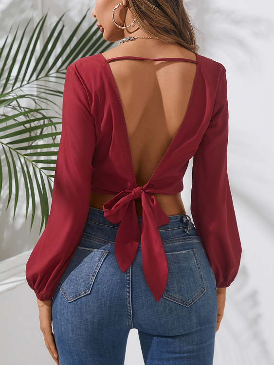YOINS Sexy Backless V-neck Long Sleeves Crop Top