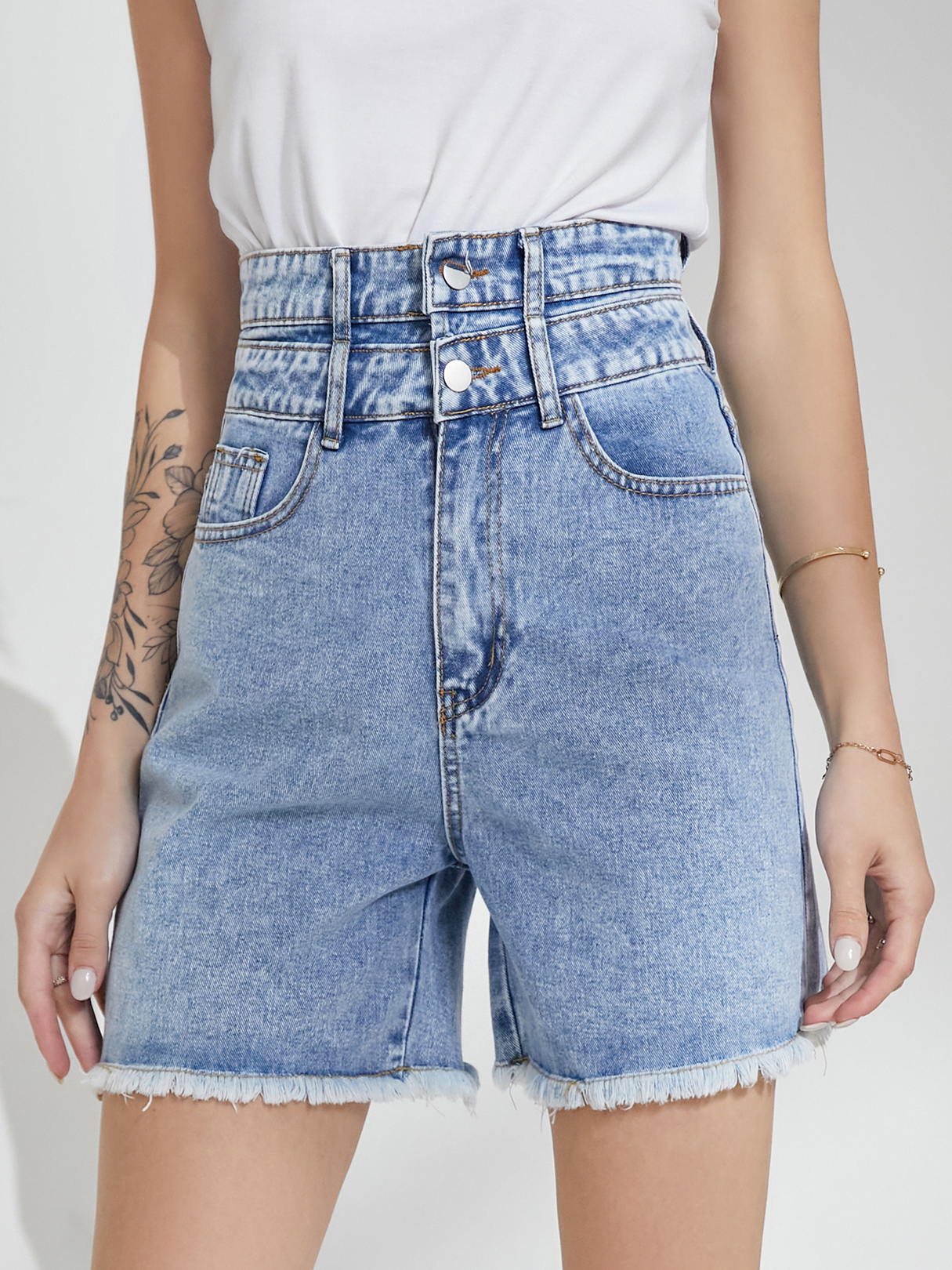 Blue Side Pocket High Waist Tassel Hem Denim Shorts