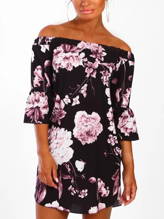 Black Random Floral Print Off The Shoulder Flared Sleeves Curve Hem Dress