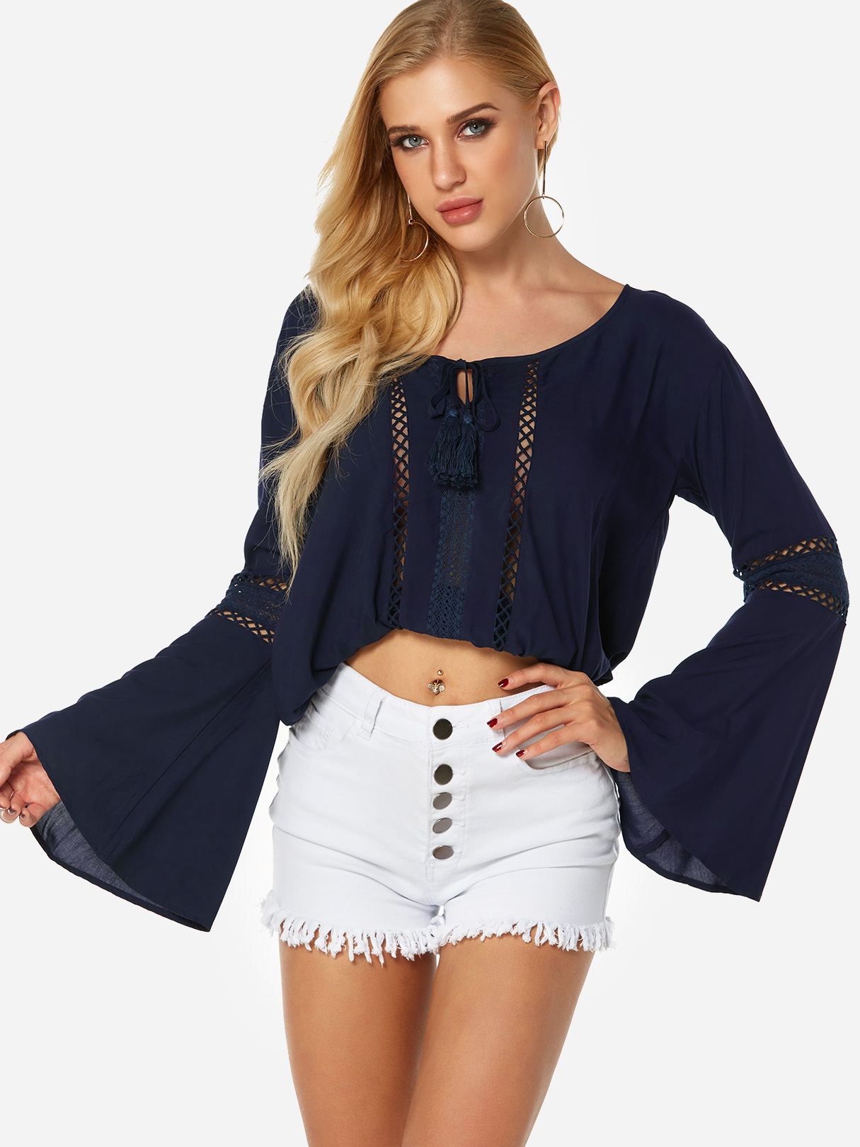 Navy Self-tie Hollow Design Round Neck Long Bell Sleeves Blouses