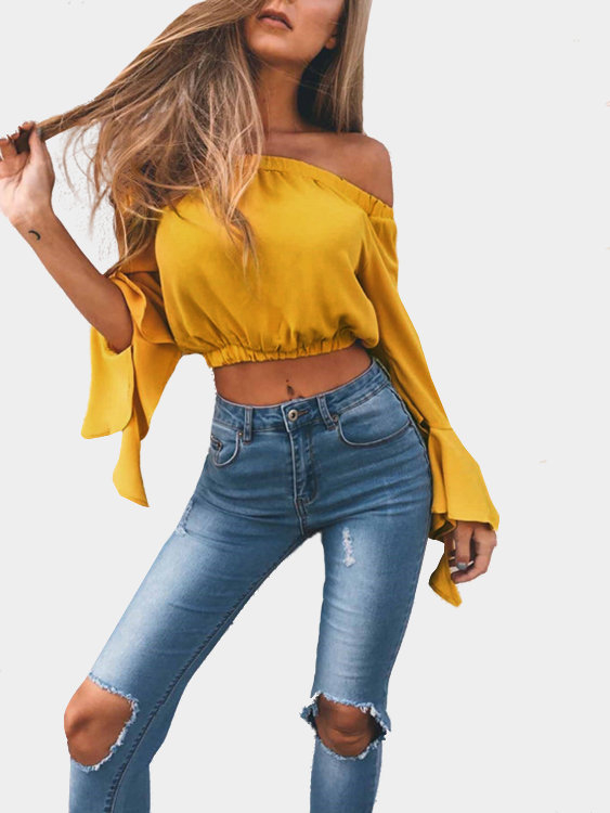 Yellow Off-The-Shoulder Long Flared Sleeves Crop Top