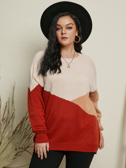 Plus Size Crew Neck Color Block Long Sleeves Sweater