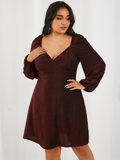 YOINS Plus Size Deep V Neck Backless Design Long Sleeves Dress