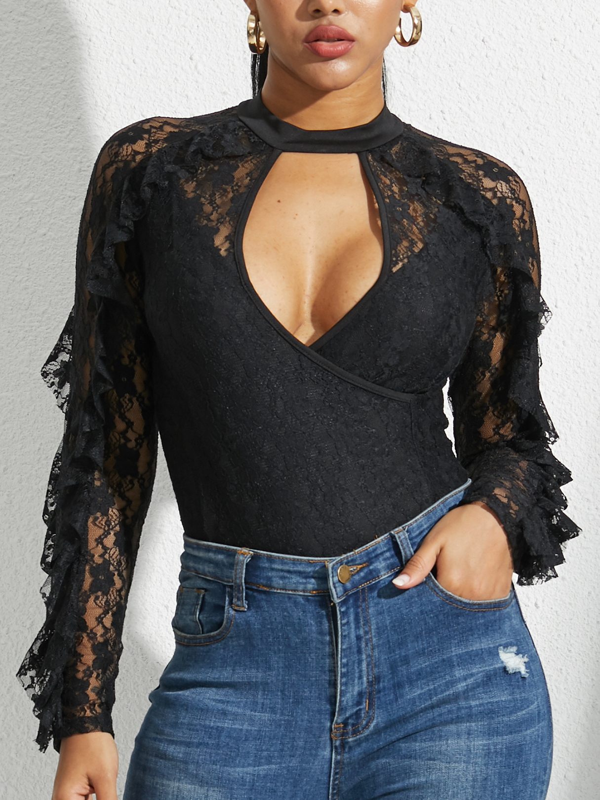 YOINS Black Lace Round Neck Long Sleeves Bodysuit