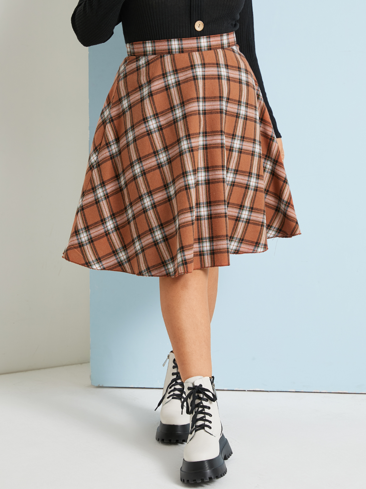 YOINS Plus Size Orange Plaid Skirt