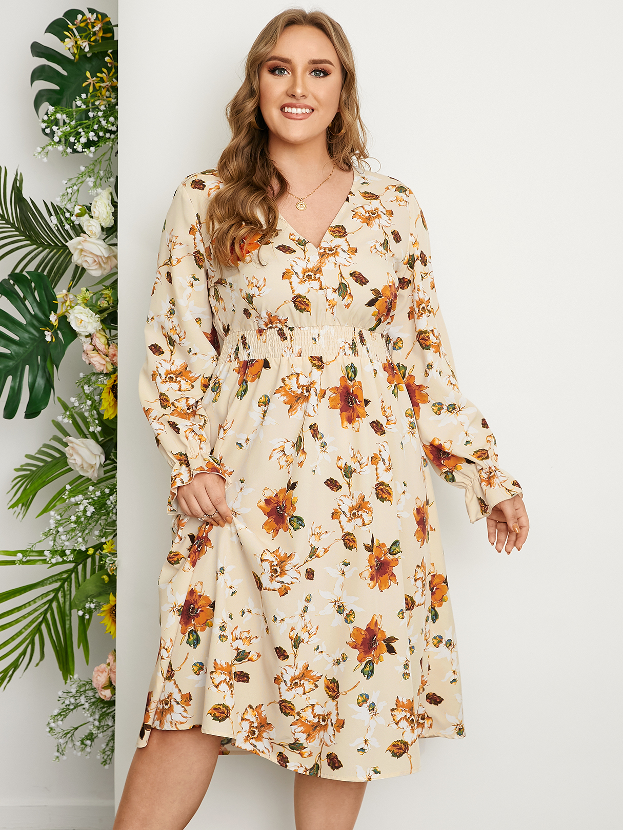 YOINS Plus Size V-neck Floral Print Shirring Long Sleeves Dress