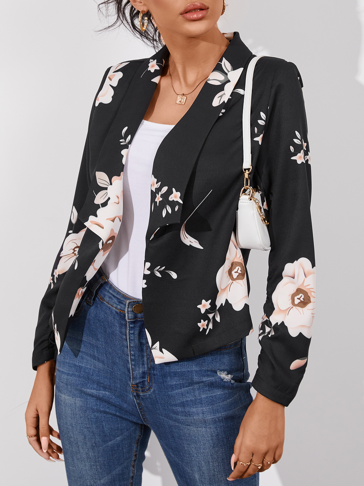 YOINS Black Random Floral Print Lapel Collar Long Sleeves Blazer