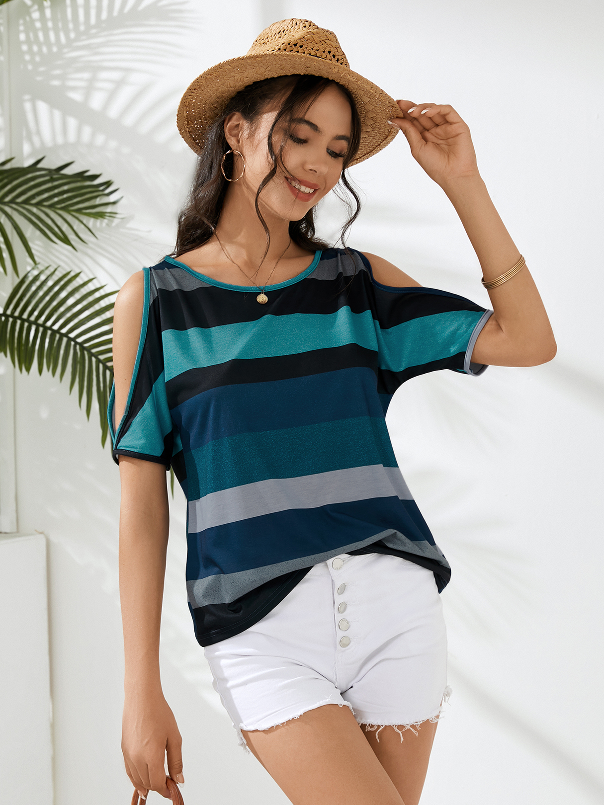 Multicolor Striped Round Neck Cold Shoulder Tee
