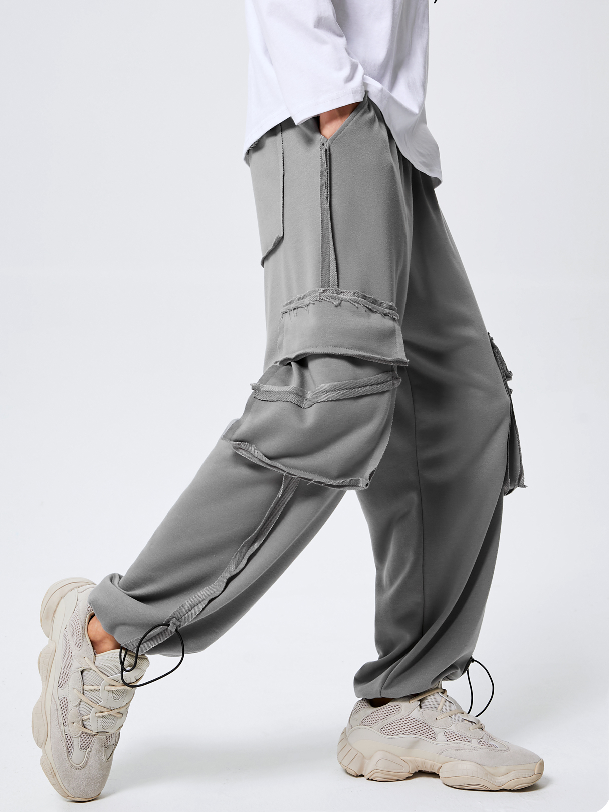 Men Fashion Plain Multi-Pocket Loose Drawstring Casual Pants