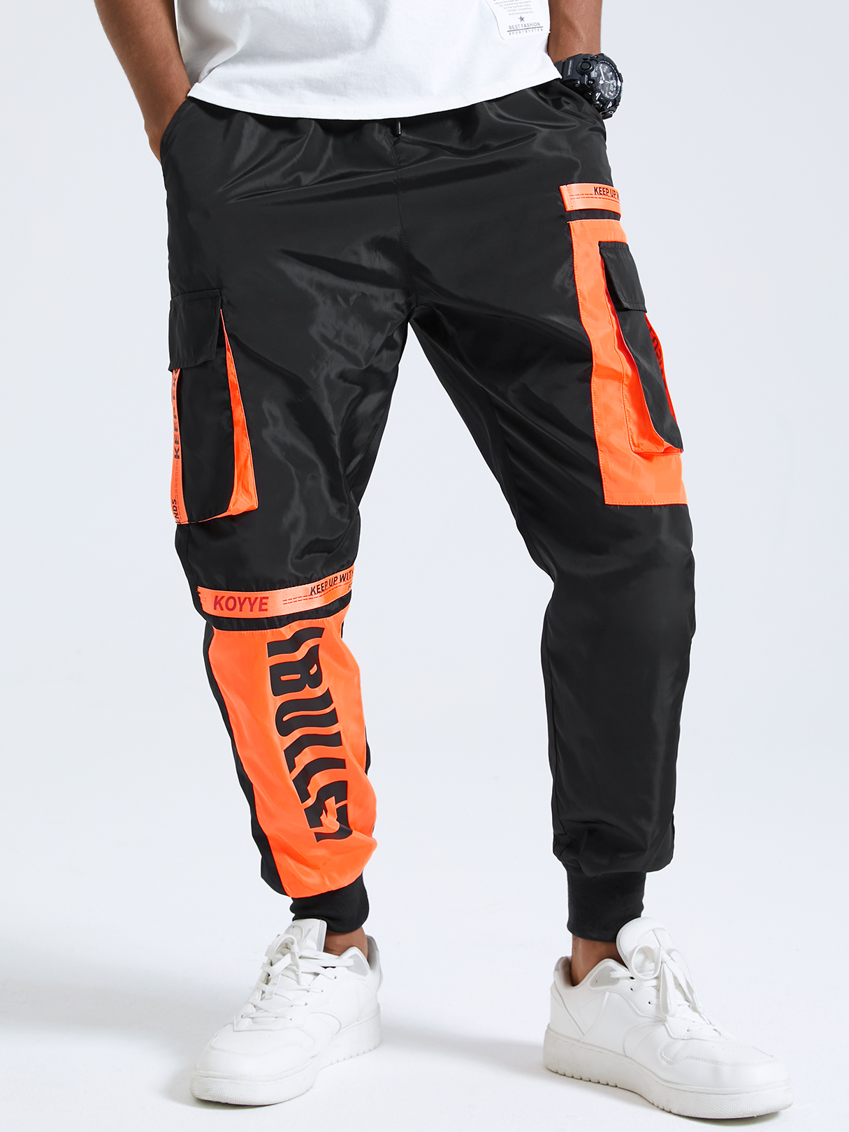 Men Letter Print Colorblock Multi-Pocket Drawstring Waist Cargo Pants