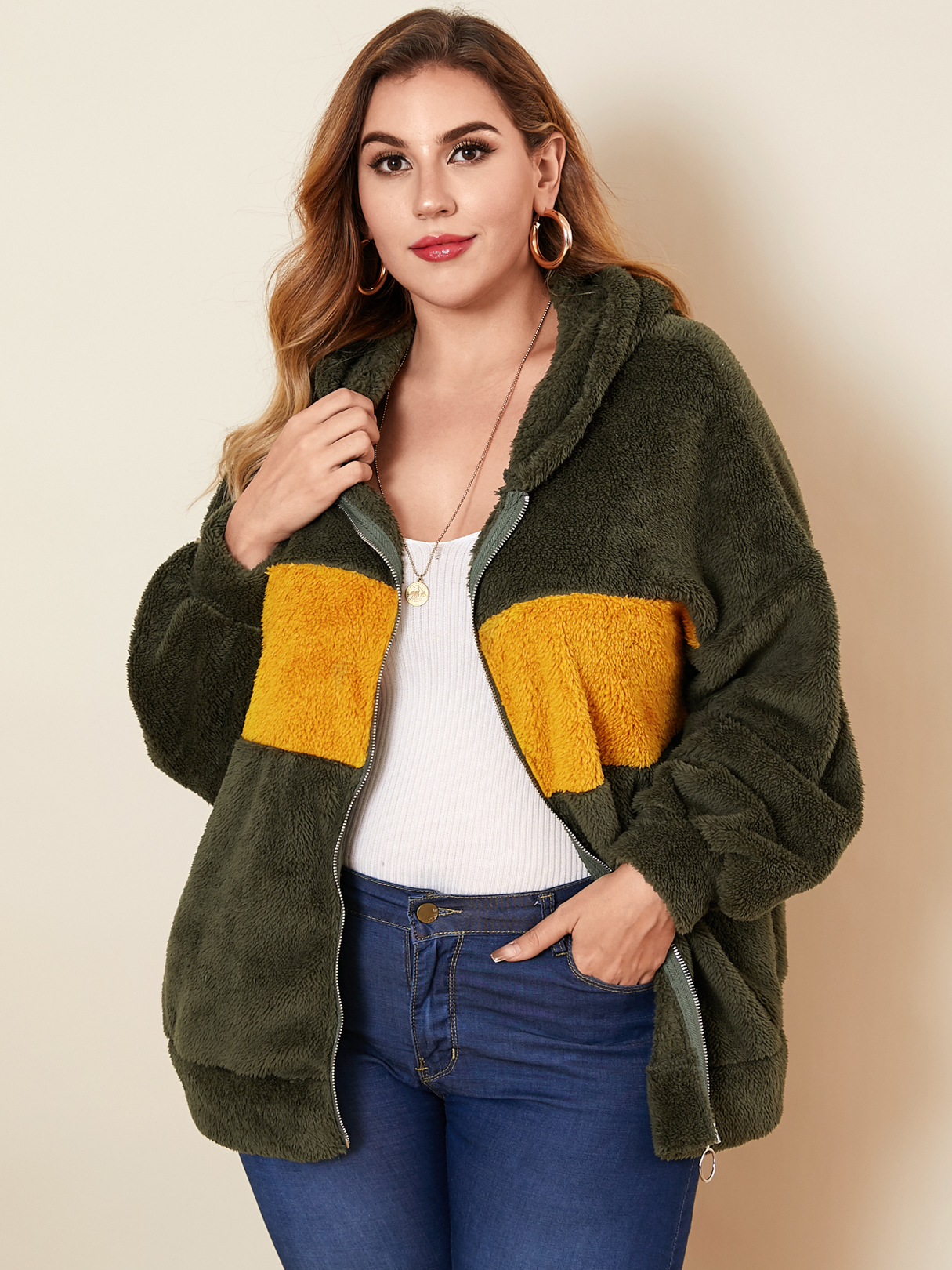 Plus Size Patchwork Hooded Design Long Sleeves Coat