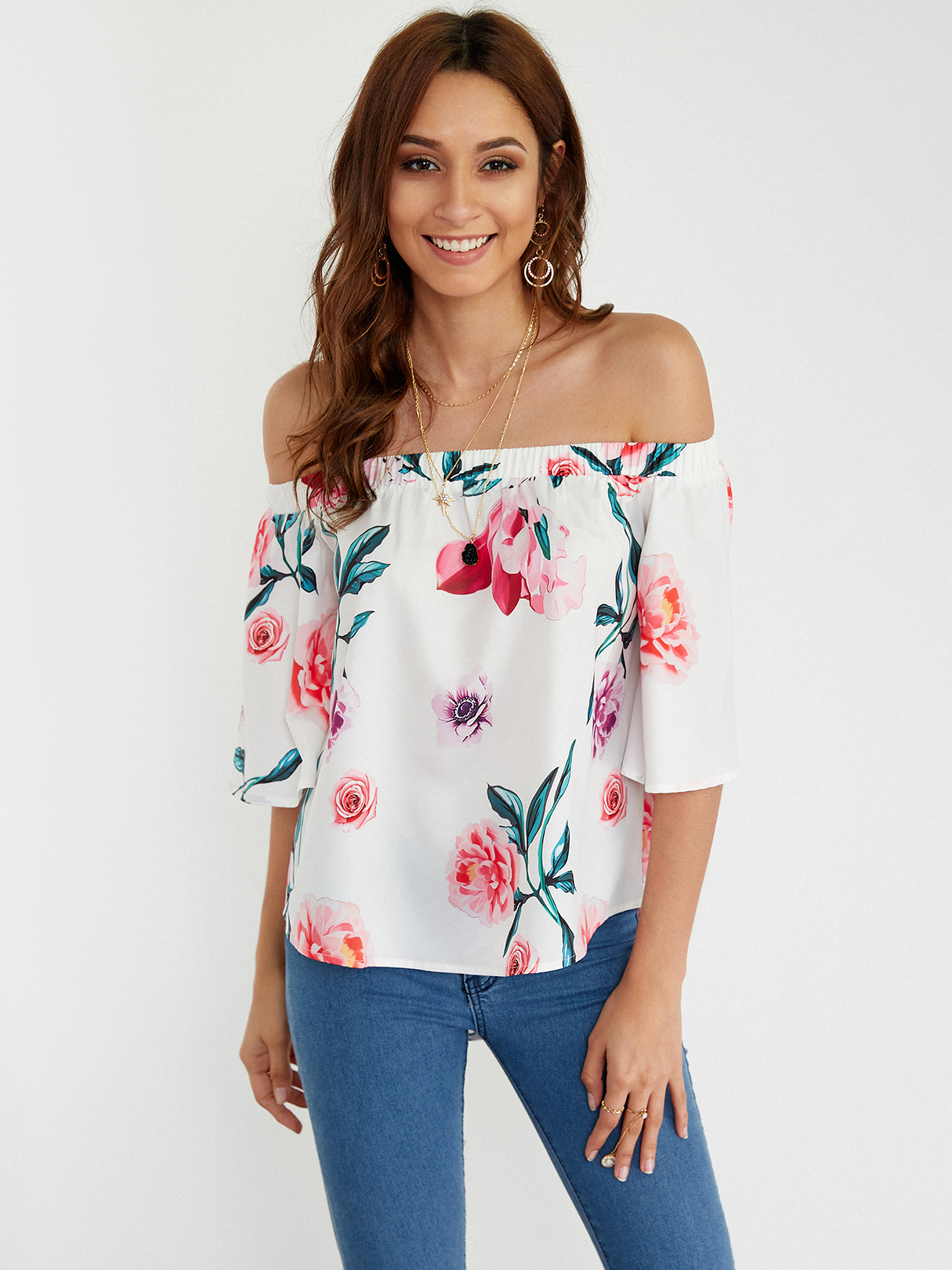 Off Shoulder Random Floral Print Blouse in White