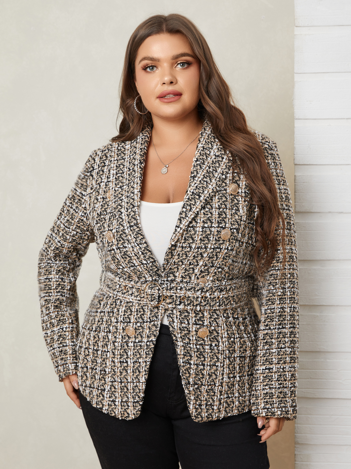 YOINS Plus Size Lapel Collar Plaid Belt Design Button Design Coat
