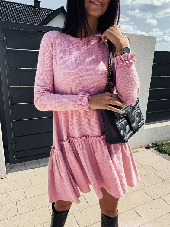 Ruffle Trim Round Neck Long Sleeves Midi Dress