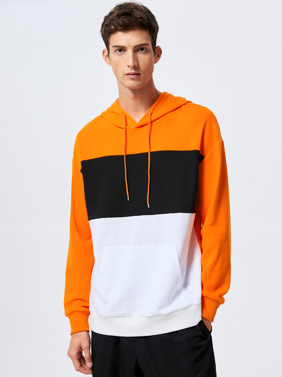 Men Tricolor Color Block Drawstring Hoodie