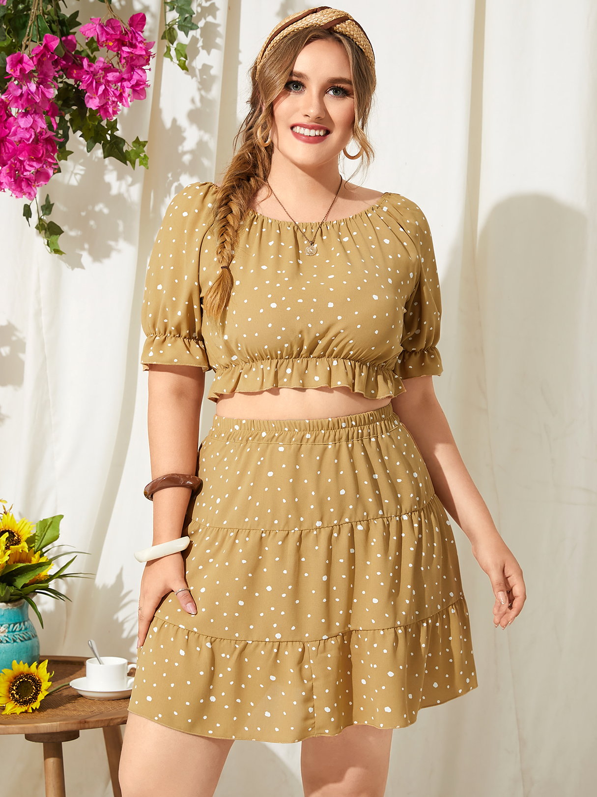 YOINS Plus Size Spotted Elastic Waist Ruffle Trim Short Sleeves Dress