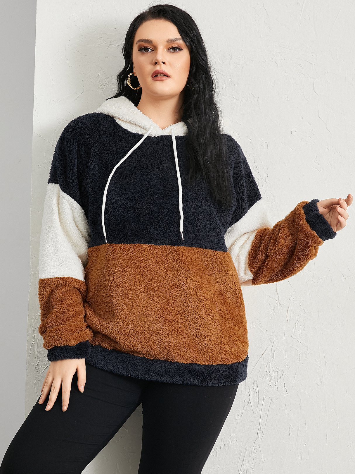 YOINS Plus Size Hooded Color Block Long Sleeves Sweatshirt