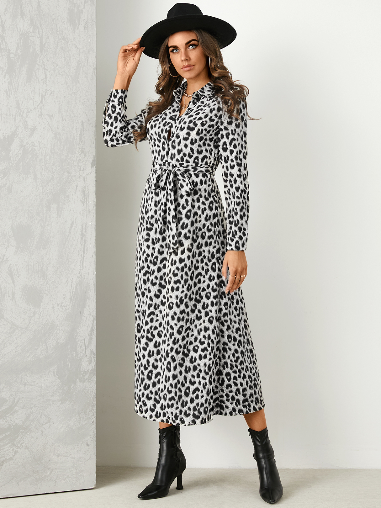 YOINS Grey Leopard Front Button Collar Long Sleeves Dress With Belt